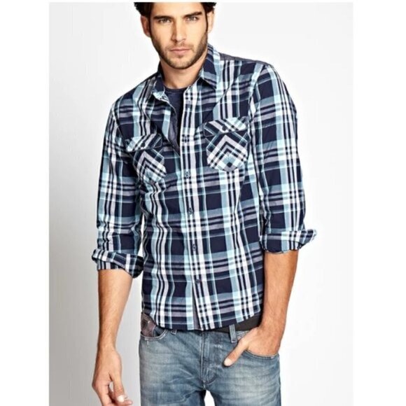 Guess LA Dillon Shirt XS Plaid Slim-Fit Long Sleeve Button Down Chambray - Picture 1 of 13